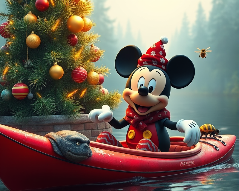 mickey mouse, christmas tree, turtle, kayak, bee